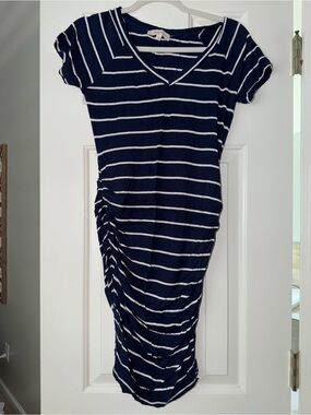 Pinkblush Maternity Navy & White Striped V-Neck Ruched Side Dress